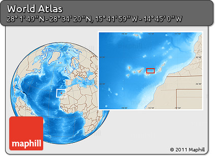 Shaded Relief Location Map of the Area around 28° 18' 5" N, 15° 13' 29" W