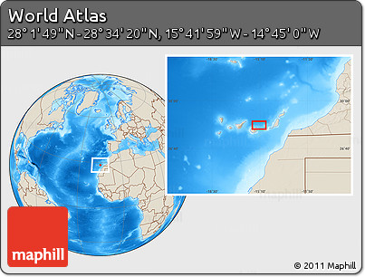 Shaded Relief Location Map of the Area around 28° 18' 5" N, 15° 13' 29" W