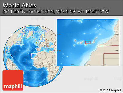 Shaded Relief Location Map of the Area around 28° 18' 5" N, 15° 13' 29" W