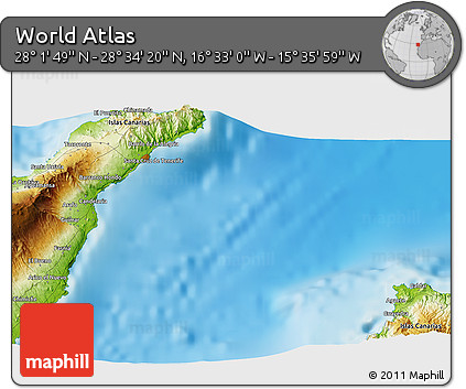 Physical 3D Map of the Area around 28° 18' 5" N, 16° 4' 29" W