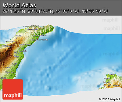 Physical 3D Map of the Area around 28° 18' 5" N, 16° 4' 29" W
