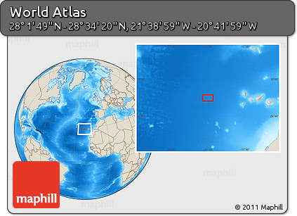 Shaded Relief Location Map of the Area around 28° 18' 5" N, 21° 10' 29" W