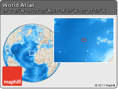 Shaded Relief Location Map of the Area around 28° 18' 5" N, 21° 10' 29" W