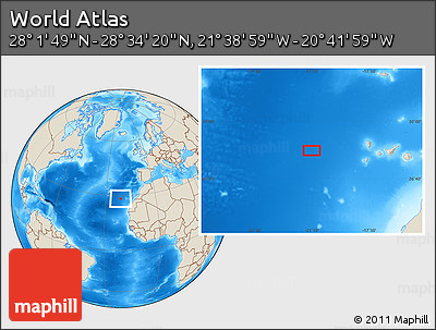Shaded Relief Location Map of the Area around 28° 18' 5" N, 21° 10' 29" W