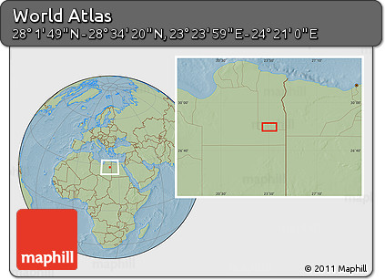 Savanna Style Location Map of the Area around 28° 18' 5" N, 23° 52' 30" E, hill shading