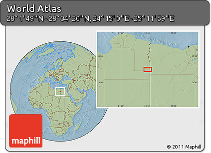 Savanna Style Location Map of the Area around 28° 18' 5" N, 24° 43' 30" E, hill shading