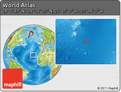 Physical Location Map of the Area around 28° 18' 5" N, 26° 16' 29" W