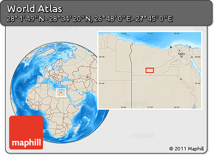 Shaded Relief Location Map of the Area around 28° 18' 5" N, 27° 16' 29" E