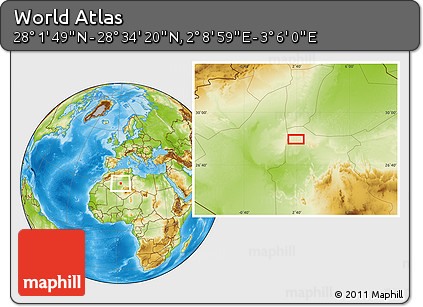 Physical Location Map of the Area around 28° 18' 5" N, 2° 37' 30" E