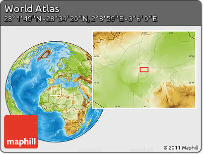 Physical Location Map of the Area around 28° 18' 5" N, 2° 37' 30" E