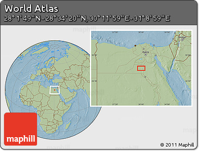 Savanna Style Location Map of the Area around 28° 18' 5" N, 30° 40' 29" E, hill shading