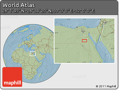 Savanna Style Location Map of the Area around 28° 18' 5" N, 31° 31' 29" E, hill shading