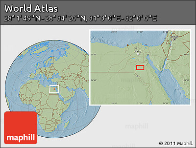 Savanna Style Location Map of the Area around 28° 18' 5" N, 31° 31' 29" E, hill shading