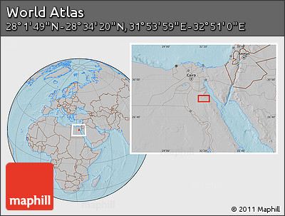 Gray Location Map of the Area around 28° 18' 5" N, 32° 22' 30" E, hill shading