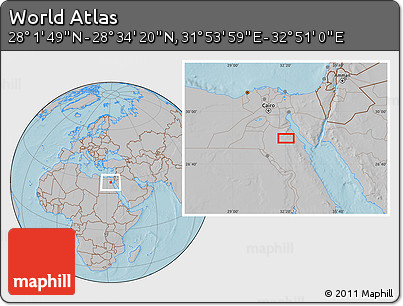 Gray Location Map of the Area around 28° 18' 5" N, 32° 22' 30" E, hill shading