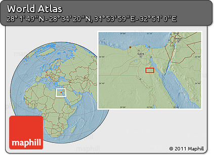 Savanna Style Location Map of the Area around 28° 18' 5" N, 32° 22' 30" E, hill shading