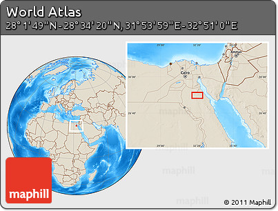 Shaded Relief Location Map of the Area around 28° 18' 5" N, 32° 22' 30" E
