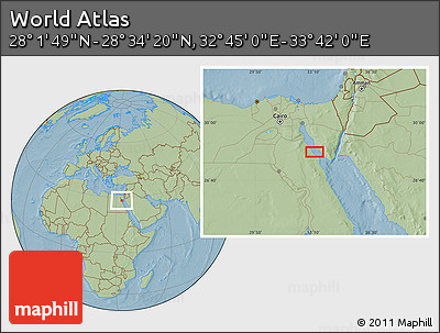 Savanna Style Location Map of the Area around 28° 18' 5" N, 33° 13' 30" E, hill shading