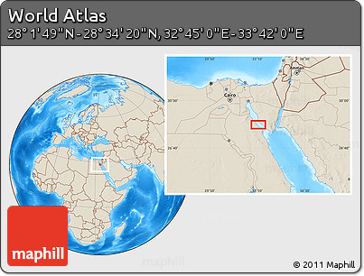 Shaded Relief Location Map of the Area around 28° 18' 5" N, 33° 13' 30" E