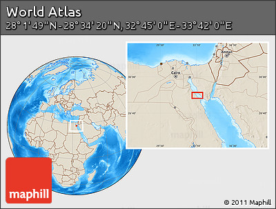 Shaded Relief Location Map of the Area around 28° 18' 5" N, 33° 13' 30" E
