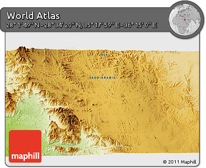 Physical 3D Map of the Area around 28° 18' 5" N, 35° 46' 29" E