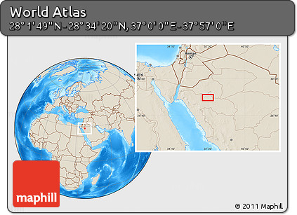Shaded Relief Location Map of the Area around 28° 18' 5" N, 37° 28' 30" E