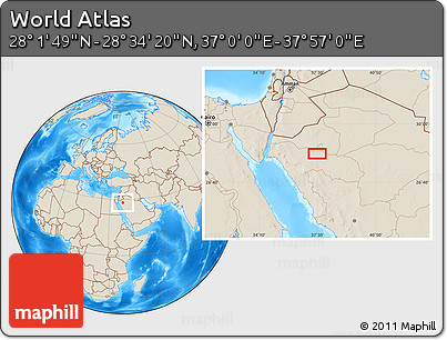 Shaded Relief Location Map of the Area around 28° 18' 5" N, 37° 28' 30" E