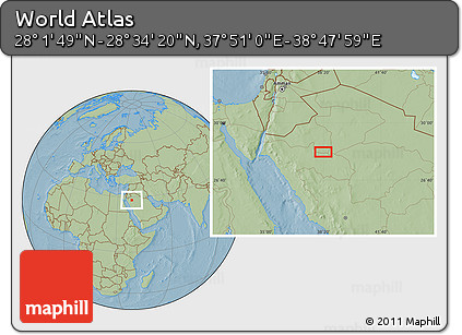 Savanna Style Location Map of the Area around 28° 18' 5" N, 38° 19' 30" E, hill shading