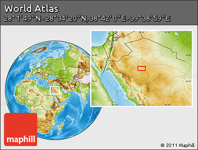 Physical Location Map of the Area around 28° 18' 5" N, 39° 10' 29" E