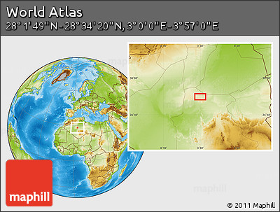 Physical Location Map of the Area around 28° 18' 5" N, 3° 28' 30" E