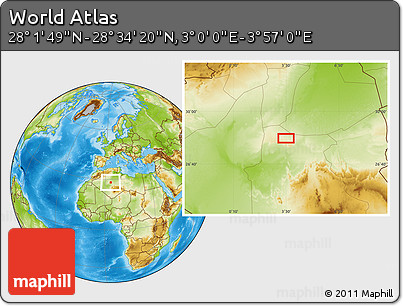 Physical Location Map of the Area around 28° 18' 5" N, 3° 28' 30" E