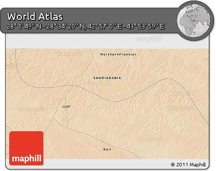 Satellite 3D Map of the Area around 28° 18' 5" N, 43° 25' 29" E
