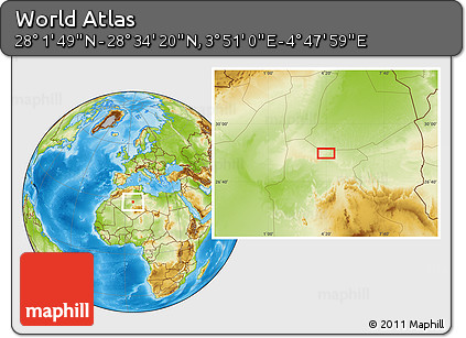 Physical Location Map of the Area around 28° 18' 5" N, 4° 19' 30" E