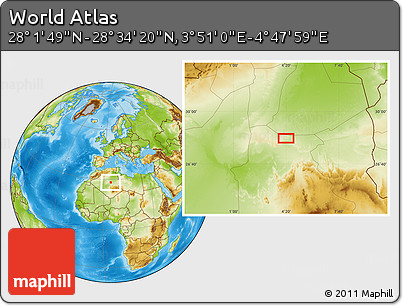 Physical Location Map of the Area around 28° 18' 5" N, 4° 19' 30" E