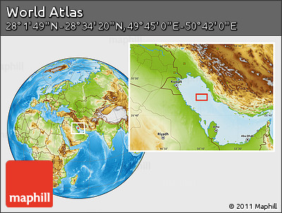 Physical Location Map of the Area around 28° 18' 5" N, 50° 13' 30" E