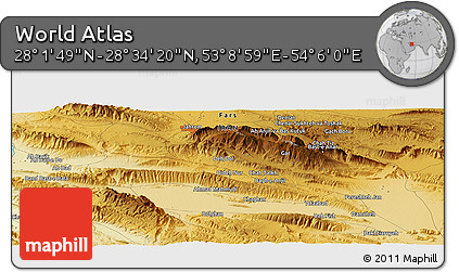 Physical Panoramic Map of the Area around 28° 18' 5" N, 53° 37' 30" E