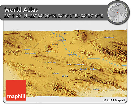 Physical 3D Map of the Area around 28° 18' 5" N, 54° 28' 30" E