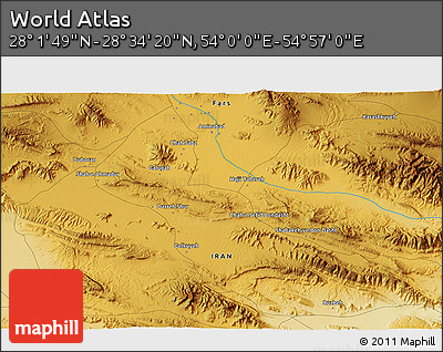 Physical 3D Map of the Area around 28° 18' 5" N, 54° 28' 30" E