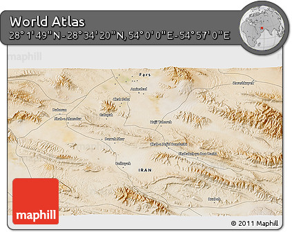 Satellite 3D Map of the Area around 28° 18' 5" N, 54° 28' 30" E