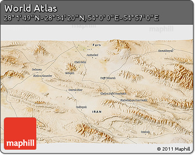 Satellite 3D Map of the Area around 28° 18' 5" N, 54° 28' 30" E