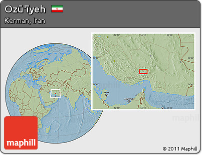 Savanna Style Location Map of Ozū'īyeh, hill shading