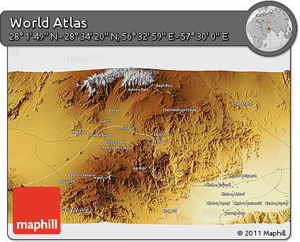 Physical 3D Map of the Area around 28° 18' 5" N, 57° 1' 29" E