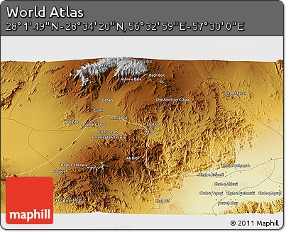 Physical 3D Map of the Area around 28° 18' 5" N, 57° 1' 29" E