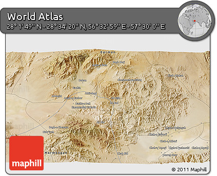 Satellite 3D Map of the Area around 28° 18' 5" N, 57° 1' 29" E
