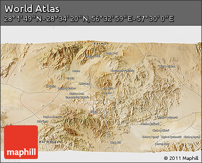 Satellite 3D Map of the Area around 28° 18' 5" N, 57° 1' 29" E