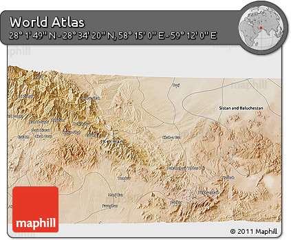 Satellite 3D Map of the Area around 28° 18' 5" N, 58° 43' 30" E