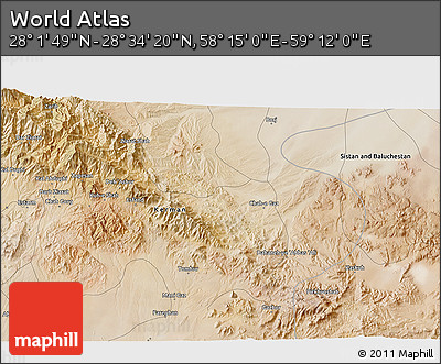 Satellite 3D Map of the Area around 28° 18' 5" N, 58° 43' 30" E