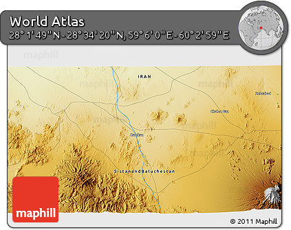Physical 3D Map of the Area around 28° 18' 5" N, 59° 34' 30" E