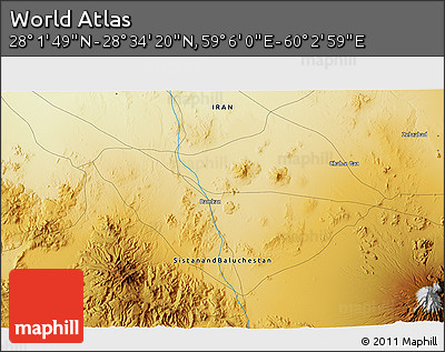 Physical 3D Map of the Area around 28° 18' 5" N, 59° 34' 30" E