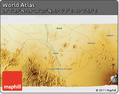 Physical 3D Map of the Area around 28° 18' 5" N, 59° 34' 30" E